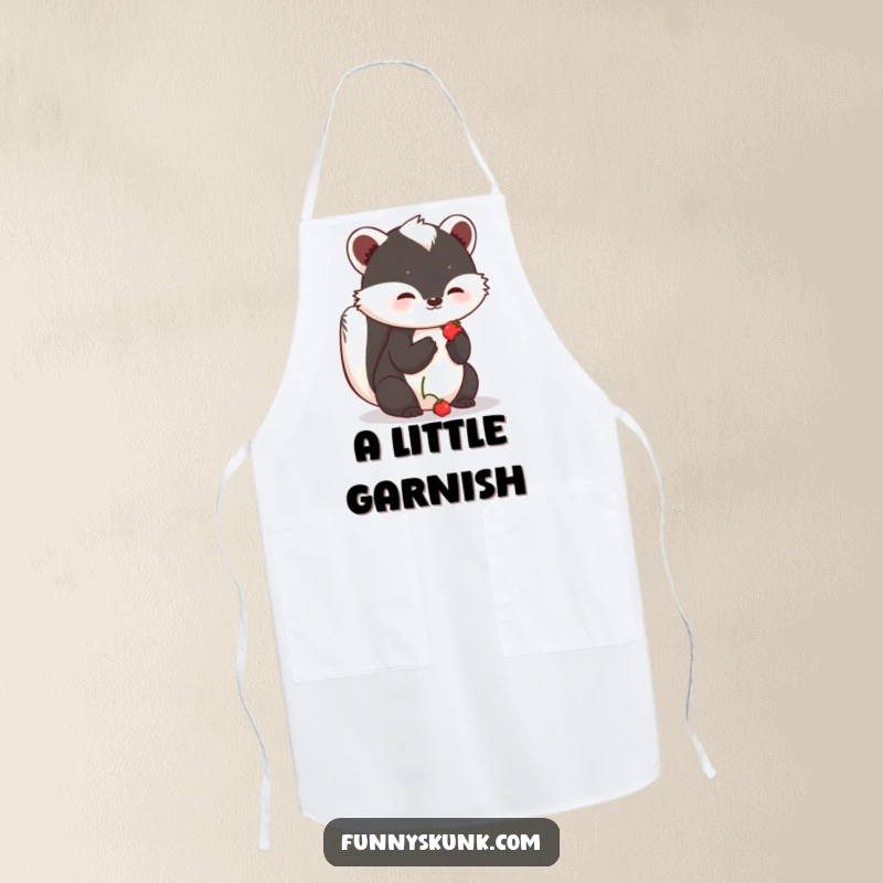 Funny shy skunk apron showing a skunk offering a small, sweet berry with a hopeful expression, adding gentle humor to kitchen wear.