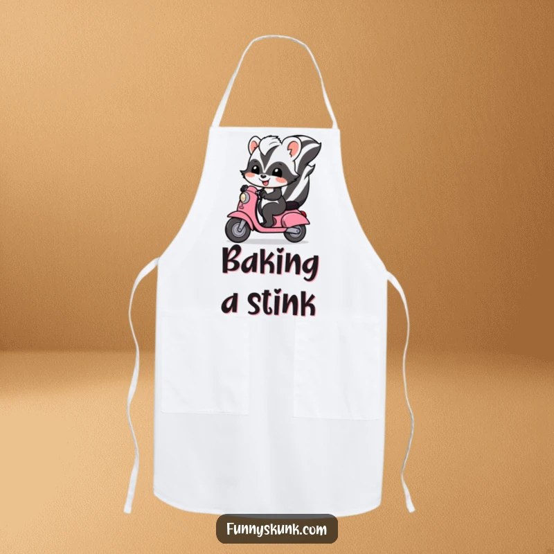 Funny skunk apron featuring a cheerful skunk riding a scooter, ideal for kitchen fun and keeping clothes clean.
