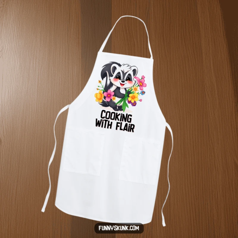 Funny skunk apron, a cheerful smiling skunk holding a vibrant bouquet of unique flowers, perfect for kitchen humor.