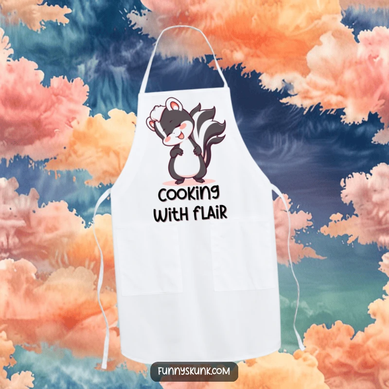 Funny skunk tripping over its tail with a cheeky grin on a kitchen apron, ideal for foodies with a sense of humor.