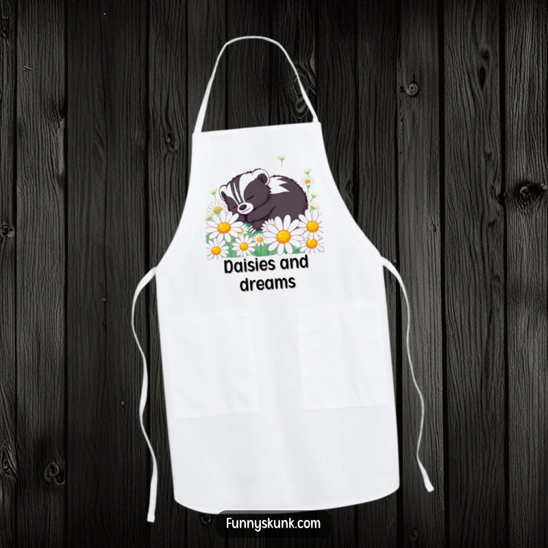 Funny skunk apron featuring a content skunk character peacefully napping in oversized daisies, perfect for relaxed cooking.