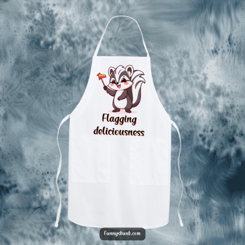 Funny skunk apron, a skunk character bouncing excitedly while waving a small, colorful flag, ready for a celebration.
