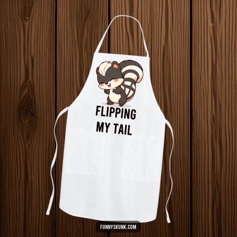 Funny skunk apron, a skunk comically wiggling its striped tail with immense joy and a playful attitude.