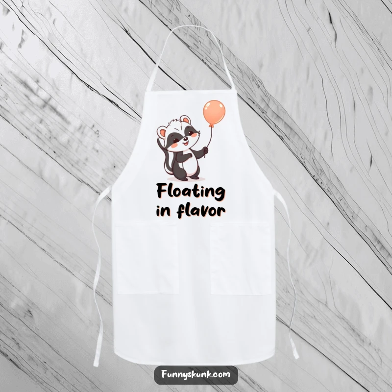 Funny skunk apron showing a cheerful skunk holding a balloon, floating upwards, adding humor to kitchen tasks.