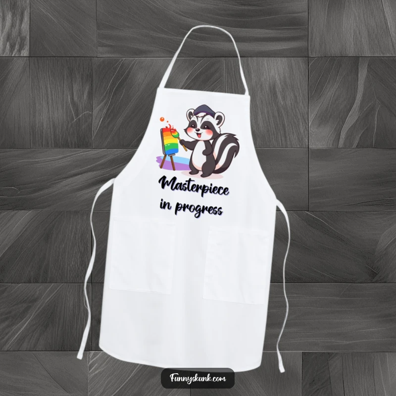Funny apron featuring a cute skunk wearing a jaunty beret, joyfully painting a colorful rainbow, adding artistic humor to kitchen activities.