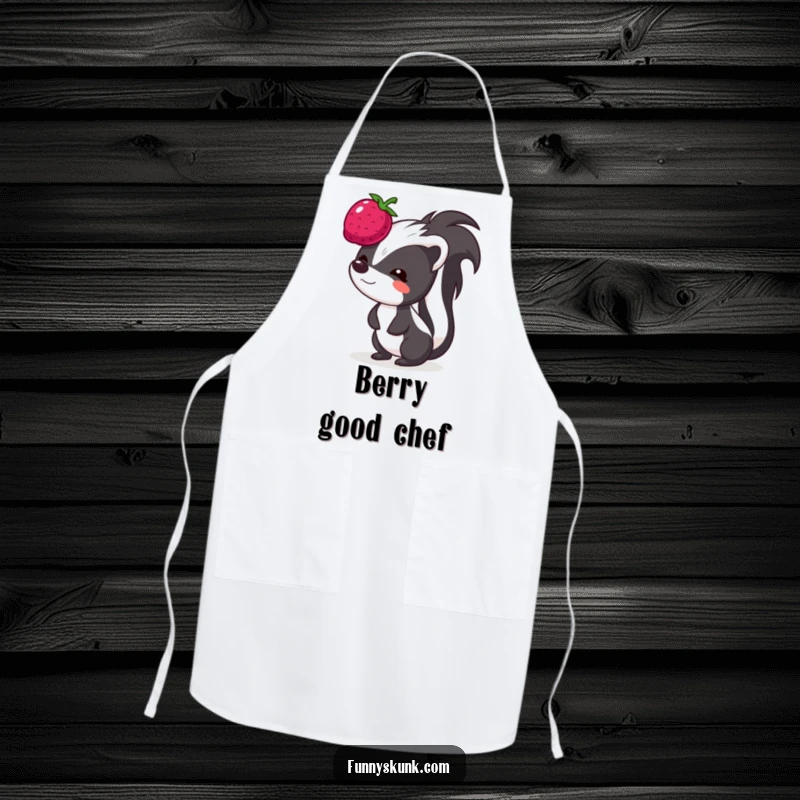 Funny skunk apron, a skunk with a determined, funny face balancing a bouncing berry on its head, ready to cook.