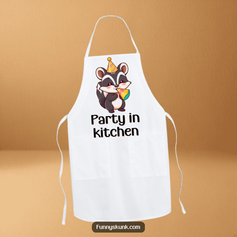 Funny skunk apron showing a skunk in a party hat blowing a noisemaker, perfect for a festive cooking experience.