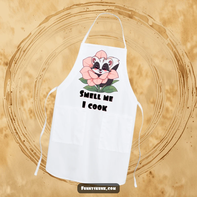Funny skunk apron showing a skunk playfully peeking from behind a giant flower, ideal for a humorous cooking experience.