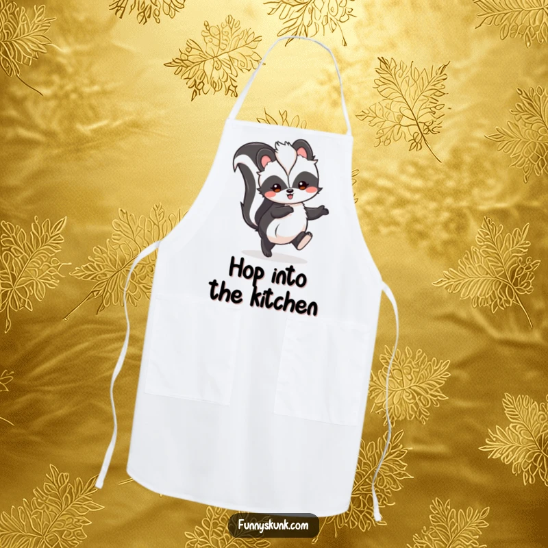Funny skunk apron showing a fluffy skunk doing a happy hop with tail high, perfect for a joyful cooking experience.