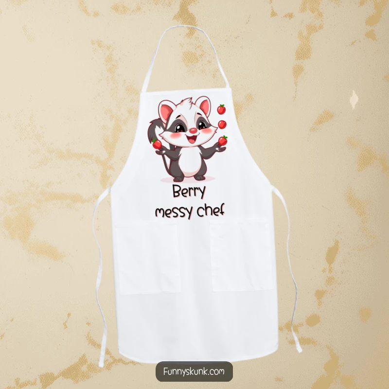 Funny skunk apron showing a grinning skunk juggling three shiny berries, perfect for a humorous cooking experience.