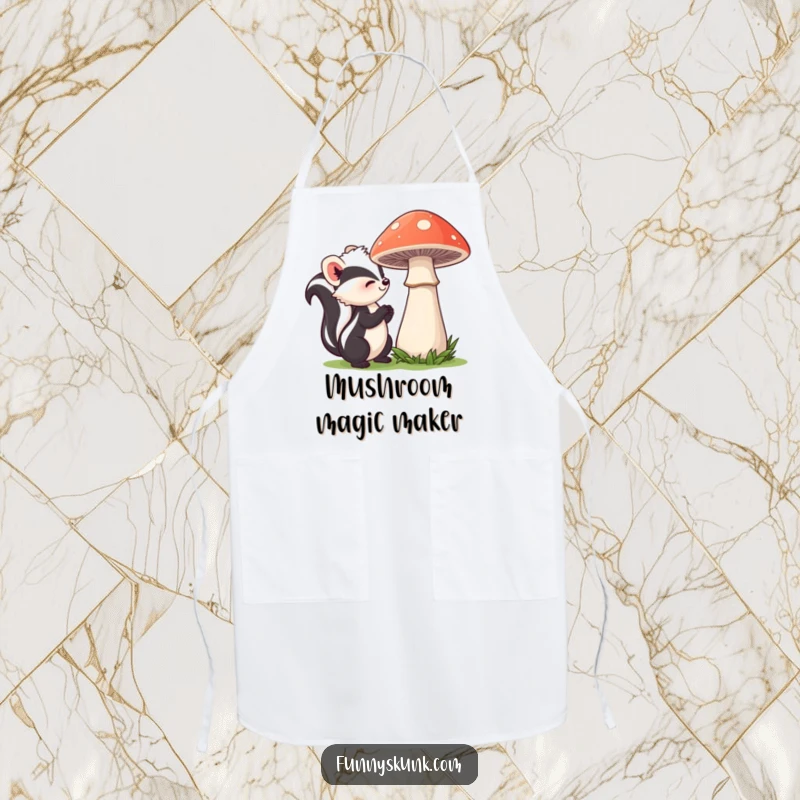 Funny skunk apron illustrating a curious skunk gently sniffing a shy mushroom, bringing a touch of woodland charm to everyday cooking.