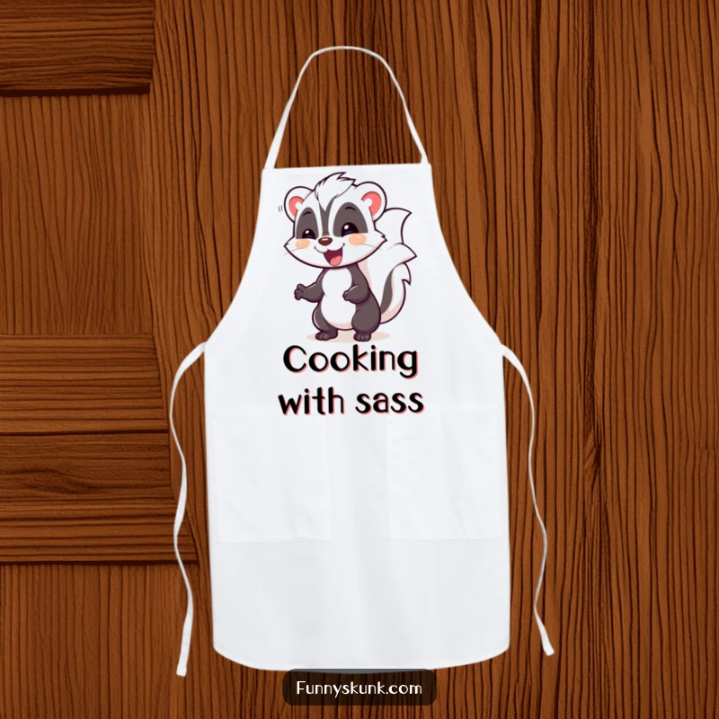 Funny skunk apron with a happy skunk in a silly pose, waddling with delight, perfect for cheerful kitchen use.