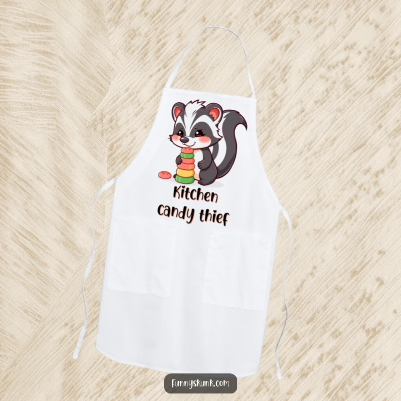 Funny skunk apron with a skunk character balancing a stack of colorful candies on its nose, a humorous kitchen accessory.
