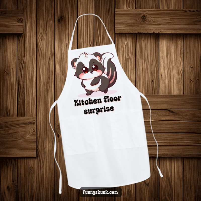 Funny apron featuring a fluffy skunk tripping over its tail, eyes wide with surprise, adding comical humor to kitchen activities.