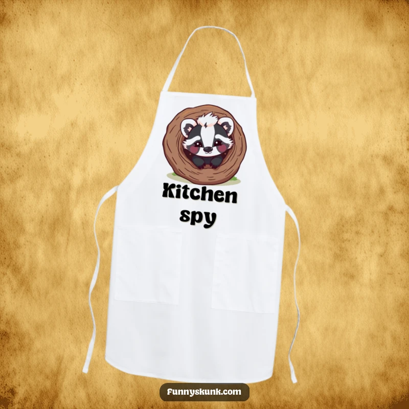 Funny skunk apron featuring a mischievous skunk peeking from a hollow log with a playful wink, perfect for sneaky cooking.