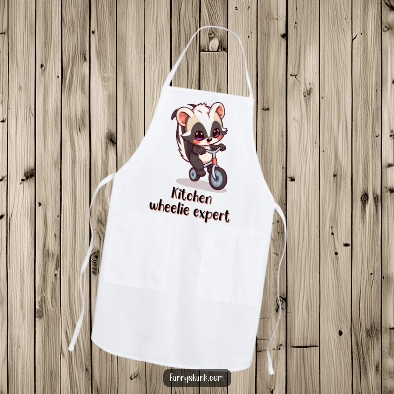 Funny skunk apron depicting a skunk humorously attempting to ride a tiny unicycle, adding a playful touch to kitchen duties.