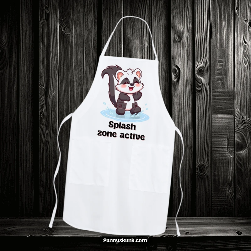 Funny skunk apron featuring a giggling skunk in oversized boots splashing in a puddle, perfect for messy and fun cooking.