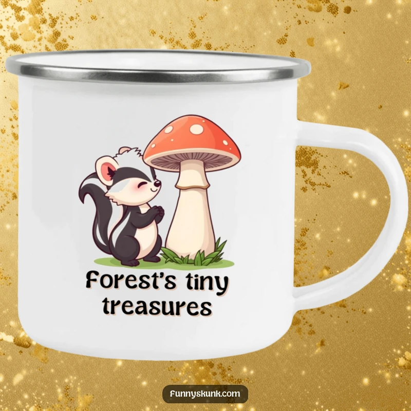 Funny skunk camping mug showing a curious skunk sniffing a large mushroom, perfect for enjoying drinks during outdoor adventures with a whimsical touch.