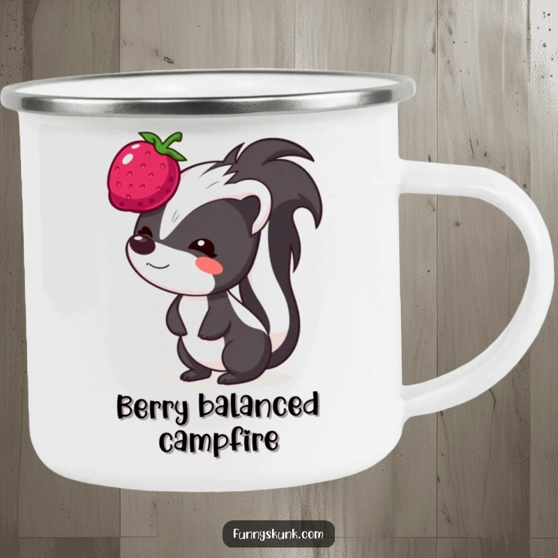 Funny skunk camping mug, a skunk with a funny face attempting to balance a bouncing berry on its head, outdoor fun.