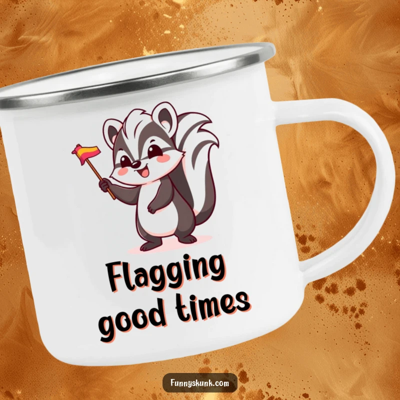 Funny skunk camping mug, a skunk character bouncing and waving a colorful flag with excitement, ready for outdoor fun.