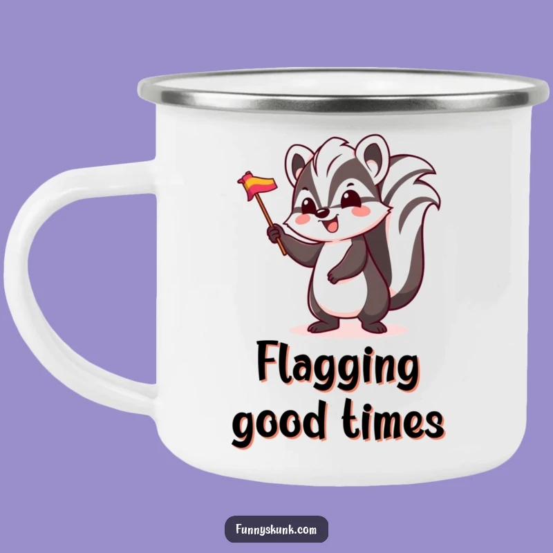 Funny Excited Skunk Flag Camping Mug: Celebrate Outdoors with a Happy Skunk