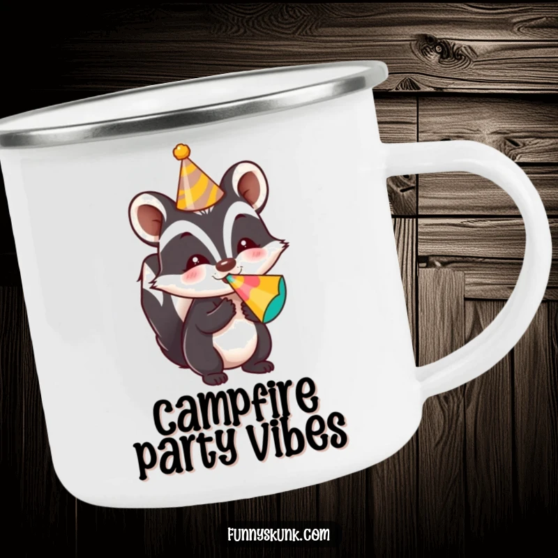 Funny skunk camping mug featuring a skunk in a party hat blowing a noisemaker, suitable for outdoor celebrations.