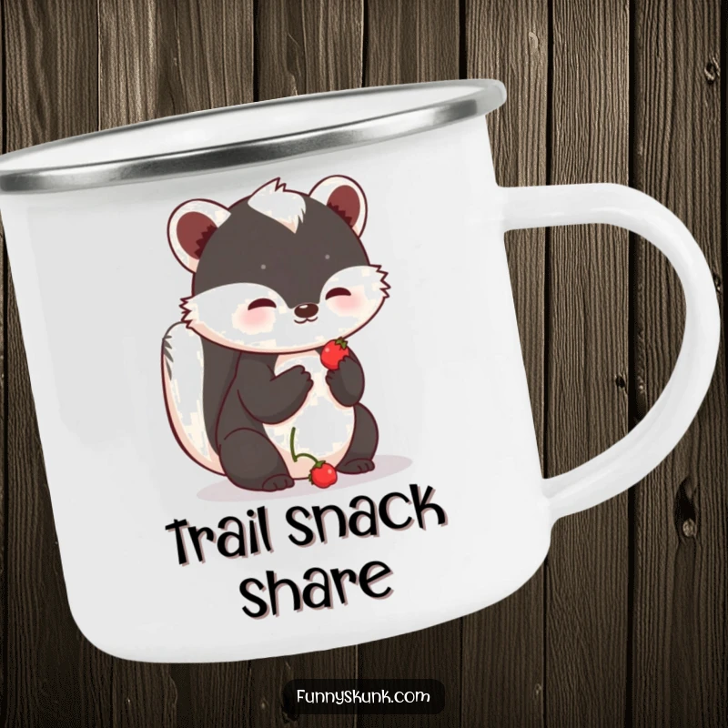 Funny shy skunk camping mug with a skunk offering a small, sweet berry with a hopeful expression, great for outdoor use.