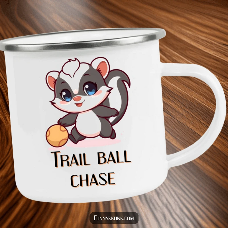 Funny skunk camping mug depicting a skunk with wide eyes chasing a ball, perfect for adventurous outings.