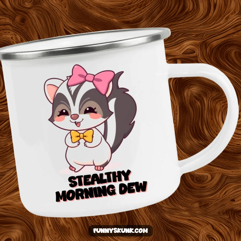 Funny skunk camping mug depicting a skunk with a bow, tiptoeing with mischievous glee, perfect for adventures.