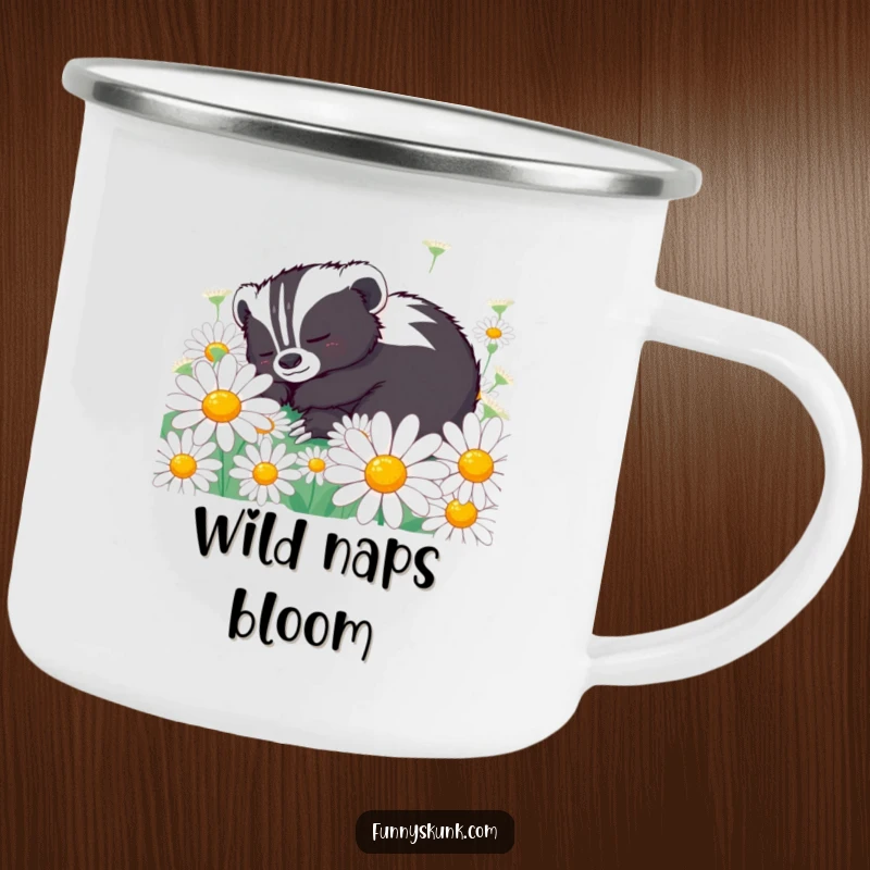 Funny skunk camping mug with a content skunk character peacefully napping in oversized daisies, perfect for serene outdoor sipping.