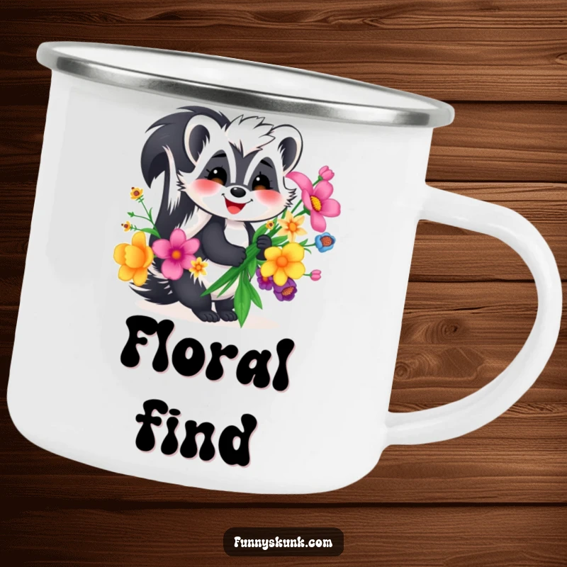 Funny skunk camping mug, a joyful skunk with a bright smile holding a colorful bouquet of exotic flowers, outdoor humor.