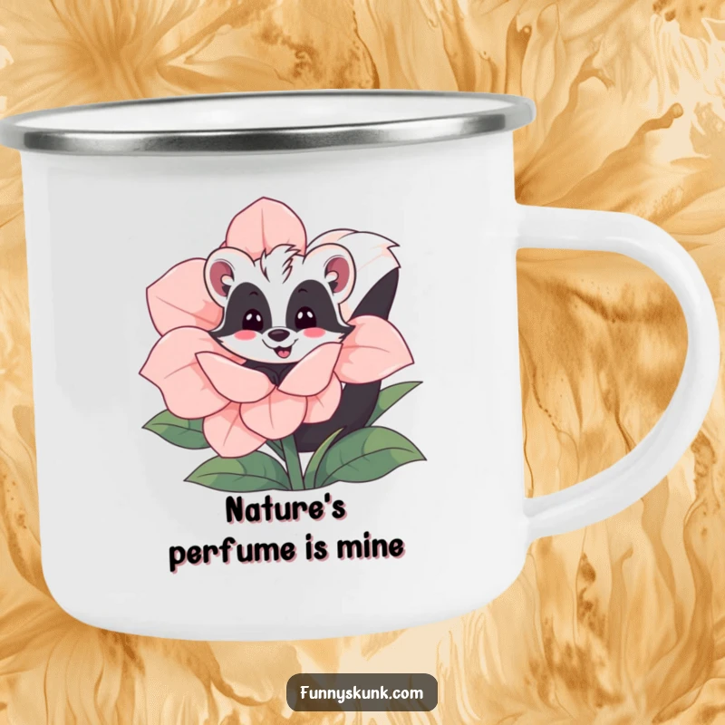 Funny skunk camping mug featuring a skunk playfully peeking from behind a giant flower, designed for outdoor enthusiasts.