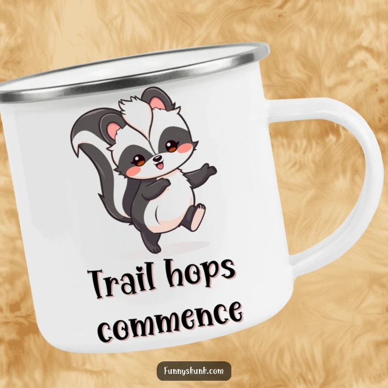 Funny skunk camping mug featuring a fluffy skunk in a happy hop with tail high, suitable for outdoor enthusiasts.