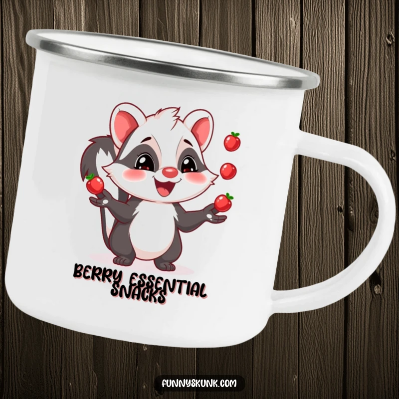 Funny skunk camping mug featuring a grinning skunk juggling three shiny berries, suitable for outdoor enthusiasts.