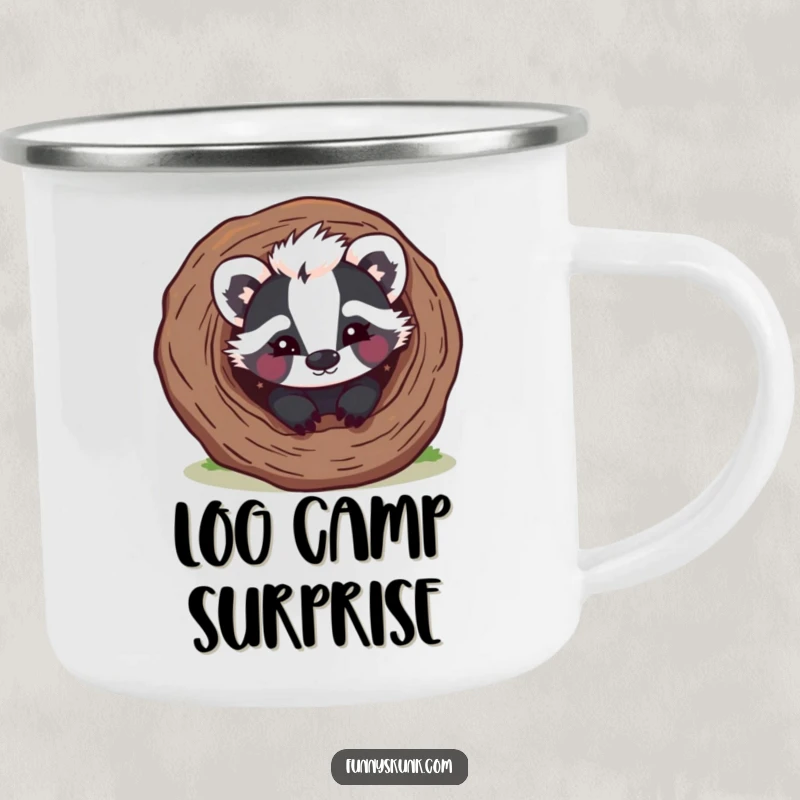 Funny skunk camping mug with a mischievous skunk peeking from a hollow log with a playful wink, perfect for sneaky sipping.