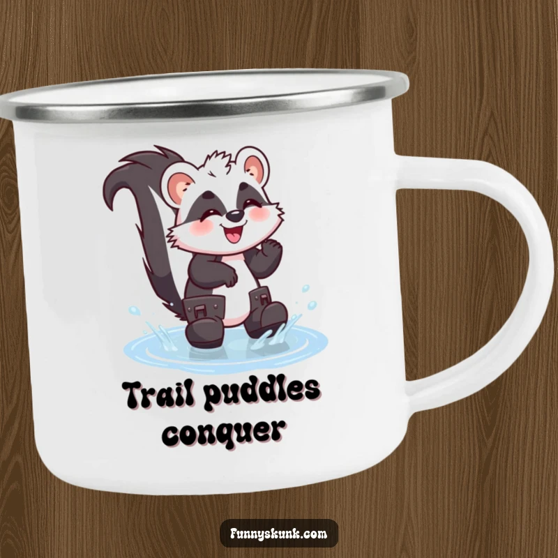 Funny skunk camping mug with a giggling skunk in oversized boots splashing in a puddle, perfect for outdoor rainy day fun.