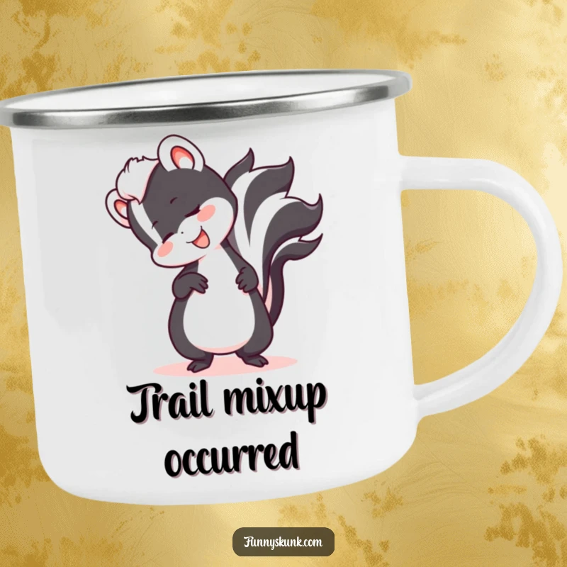 Funny skunk tripping over its tail with a cheerful expression on a rugged camping mug, ready for outdoor laughs.