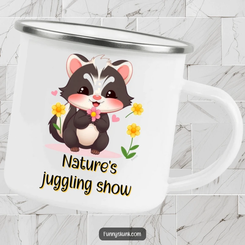 Funny skunk camping mug showing a skunk juggling flowers, ideal for enjoying beverages during outdoor excursions with a humorous flair.