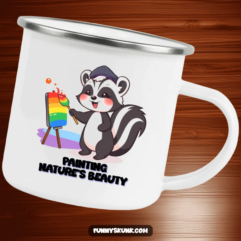 Funny enamel camping mug with a cute skunk in a beret, joyfully painting a rainbow, perfect for outdoor artistic inspiration and fun.