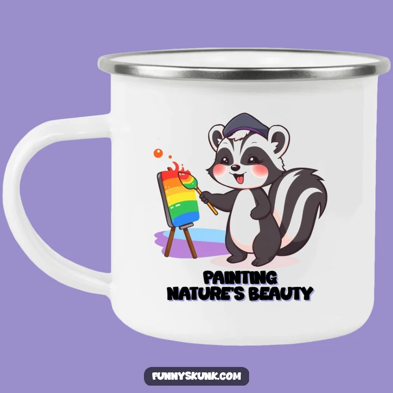 Funny Art Skunk Camping Mug: Durable & Cute Artist Painting Rainbows, Outdoor Gift