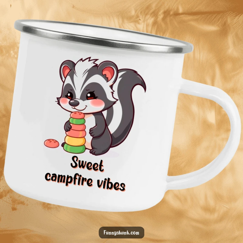 Funny skunk camping mug with a skunk character balancing a stack of colorful candies on its nose, for sweet outdoor moments.
