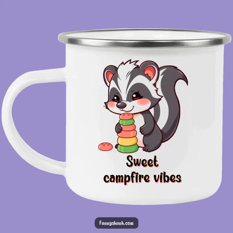 Funny Skunk Candy Camping Mug, Outdoor Sweet Treat Enamel Cup, Hilarious Dessert Lover Gift