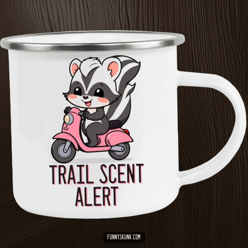 Funny skunk camping mug depicting a skunk happily riding a scooter, perfect for outdoor enthusiasts.
