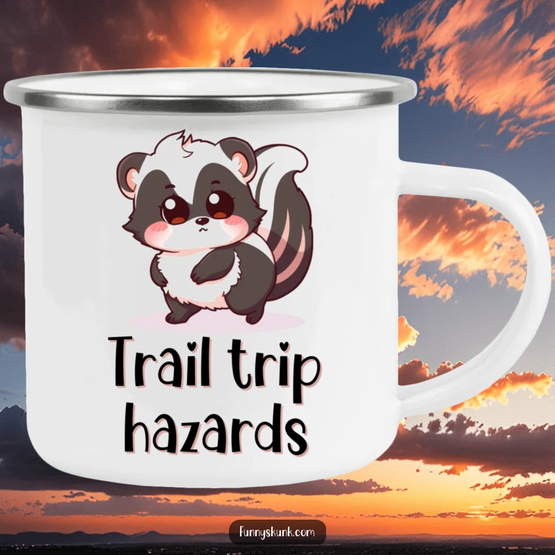 Funny enamel camping mug with a fluffy skunk tripping over its tail, eyes wide with surprise, perfect for outdoor humor and enjoyment.