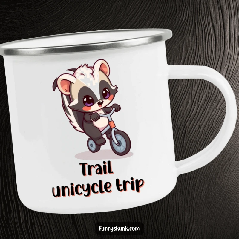 Funny skunk camping mug showing a skunk humorously riding a tiny unicycle, perfect for enjoying beverages during outdoor activities with a comical flair.