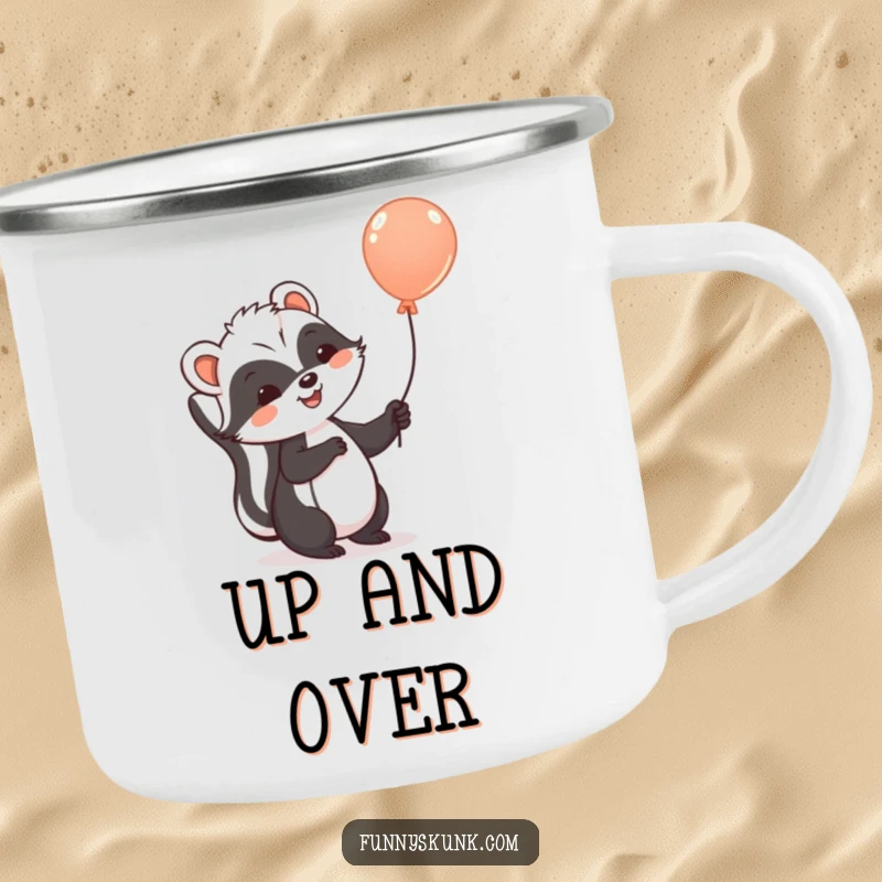 Funny skunk camping mug with a cheerful skunk holding a balloon, floating gently upwards, perfect for outdoor enthusiasts.