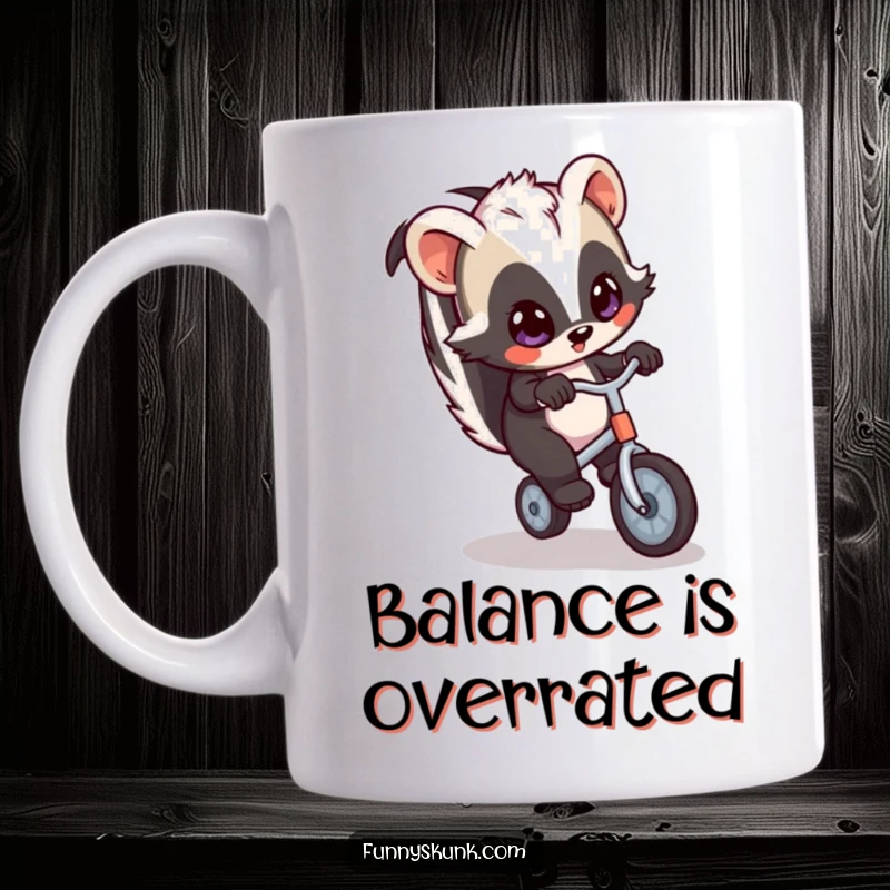 Funny skunk mug showing a skunk with wide eyes attempting to balance on a tiny, wobbly unicycle, depicting a moment of comical effort.