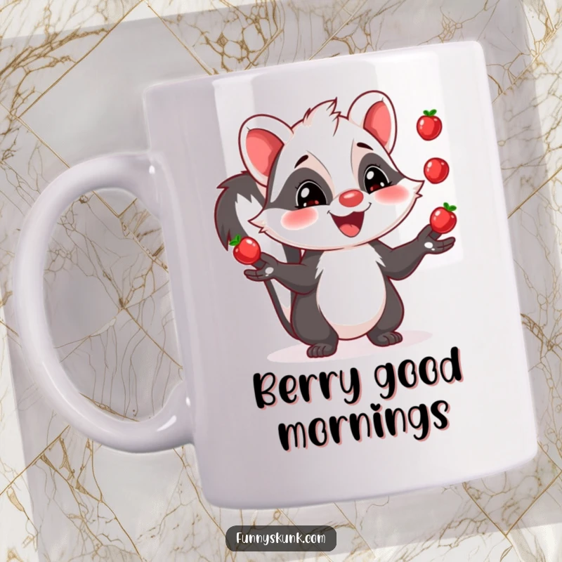 Funny skunk mug featuring a wide-grinned skunk expertly juggling three shiny berries, showcasing skill and happiness.