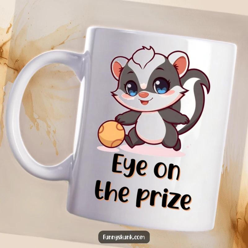 Funny skunk mug depicting a skunk with wide eyes playfully chasing a bouncing ball, full of action and fun.