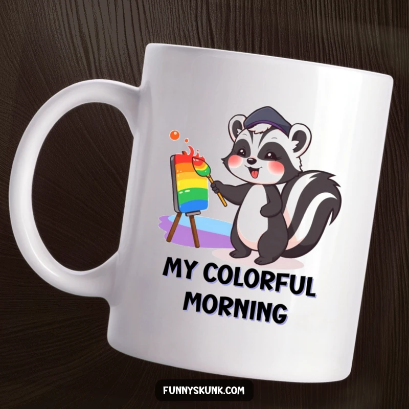 Funny ceramic mug featuring a cute skunk in a jaunty beret, joyfully painting a vibrant, colorful rainbow with a brush, exuding artistic charm.